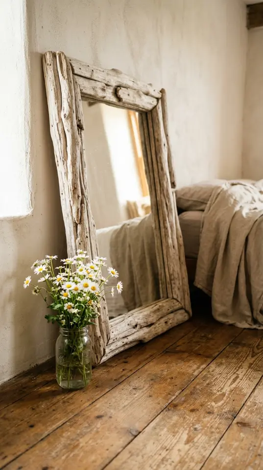 12 Floor Mirror Bedroom Cottagecore Wooden Morning Light 7 7. Driftwood Framed Mirror With a Jar of Wild Daisies on the Floor