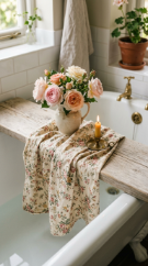 24 Romantic Bathtub Caddy Decor Ideas Garden Cottage Floral 7 7. Floral Chintz Textile Layer — Vintage Pattern Fabric Detail