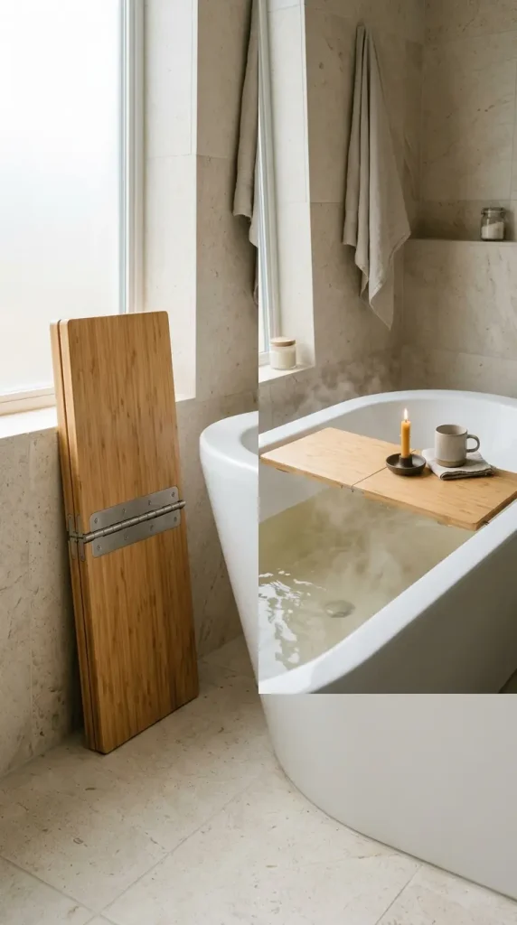 16 Rustic Bathtub Tray Ideas for a Spa Style Bamboo Tub 7 7. Folding Bamboo Tray for Storage Between Uses