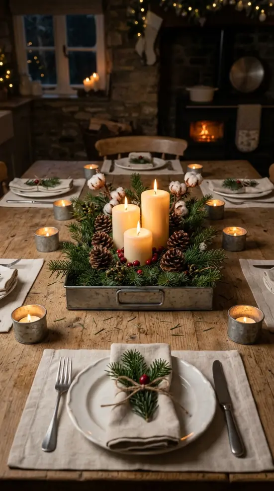 13 Festive Table Decorations Candles Classic Christmas Green 7 7. Galvanized Metal Buckets and Trays With Pine Candles and Vintage Charm