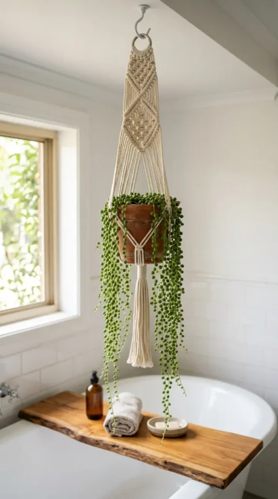 10 Bathtub Tray Ideas Boho Rattan Warm Earthy Style 7 7. Hang a Macrame Plant Holder From the Ceiling Above the Tray