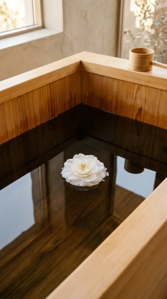 30 Bathroom Plants Decor Japandi Minimal Hinoki Tub Style 7 7. Hinoki Tub with a Single Botanical Floating on the Water