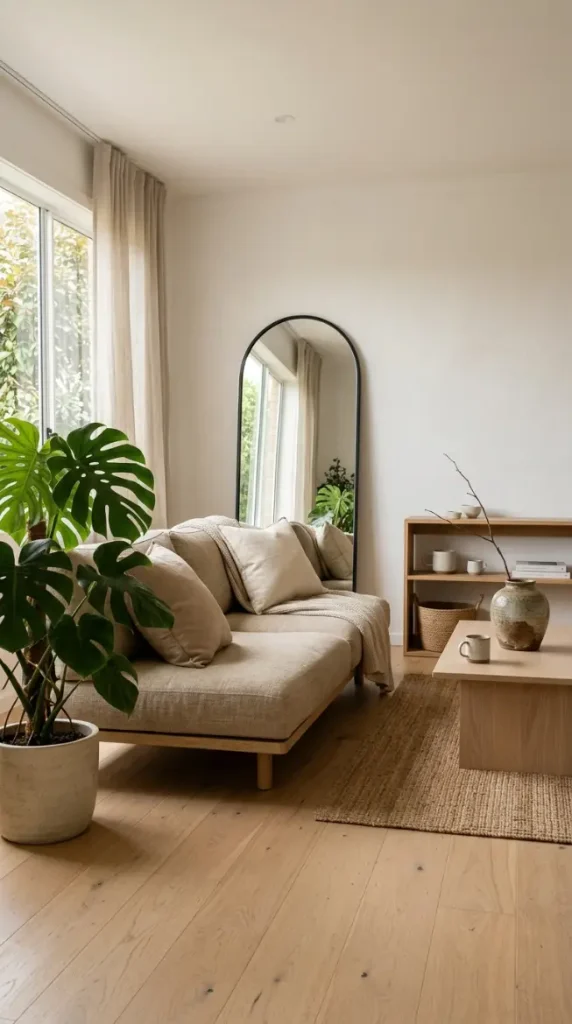 25 Full Length Mirror Living Room Slim Black Frame Minimal 7 7. In a Japandi Living Room With Natural Wood and Linen