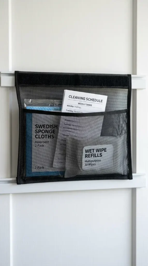 13 Cleaning Closet Organization Door-Mounted Caddy System 7 7. Install a Narrow Mesh Pocket for Flat Items Like Cleaning Pads and Instruction Cards