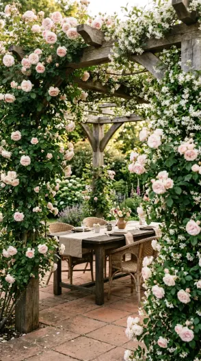 26 Outdoor Patio Ideas With a Cozy Pergola Dining Setup 7 7. Jasmine and Rose Climbing the Pergola Posts