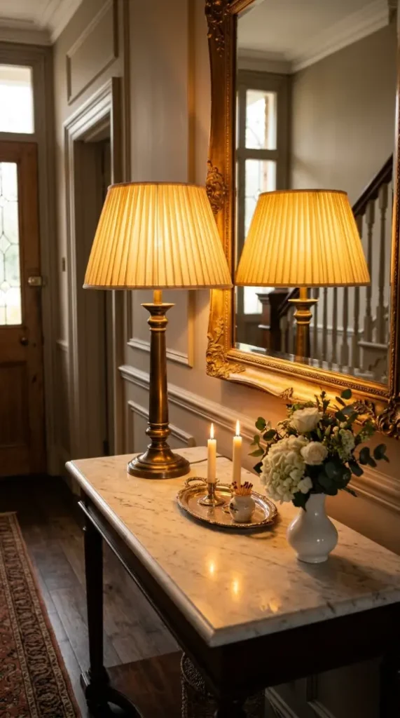 26 Entryway Console Table Ideas Traditional Marble Top 7 7. Marble Top Console With Table Lamp and Pleated Shade