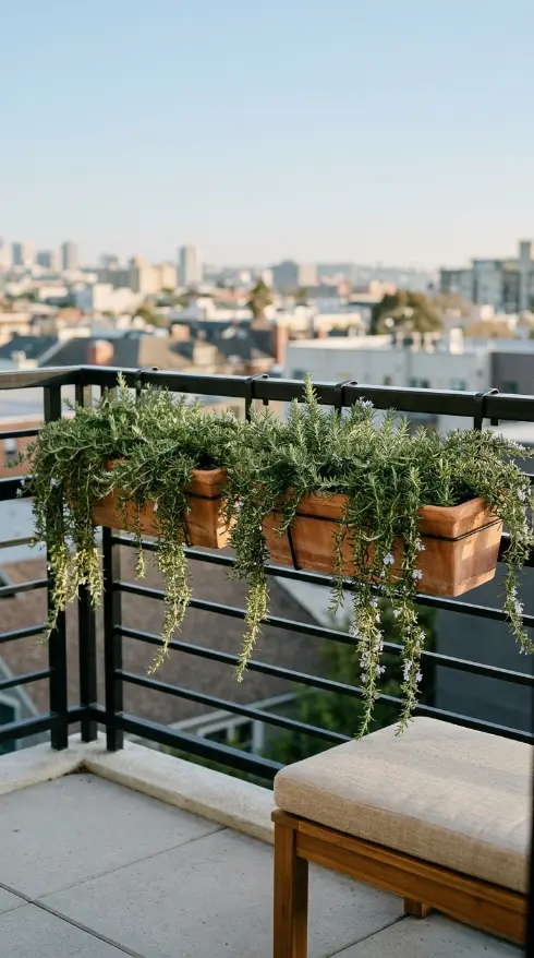 16 Minimal Outdoor Living Space Design for a Small Balcony 7 7. Minimal Balcony Railing Planter — One Species Only