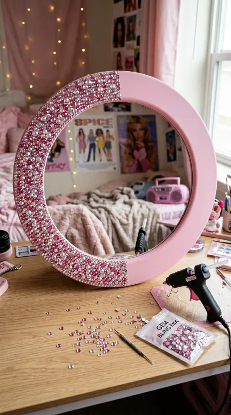 12 Bedazzled Mirror Y2K Rhinestone DIY Pink Glam Bedroom 7 7. Mirror Propped on a Vanity Surrounded by Loose Rhinestones Mid DIY