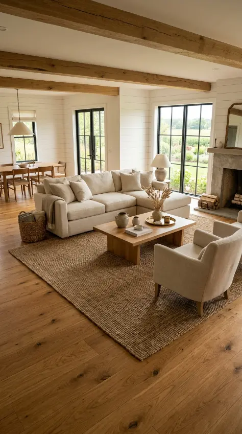 30 Modern Farmhouse Interior Design Seamless Floor Open Plan 7 7. Natural Jute and Linen Zone Definition in Open Plan