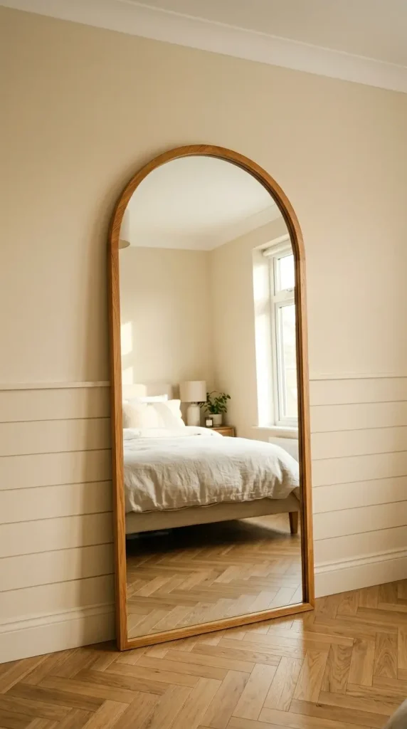 17 Big Mirror in Bedroom Oversized Oak Arch Warm Neutral 7 7. Oak Arch Mirror Leaned Against Warm Neutral Bedroom Wainscoting