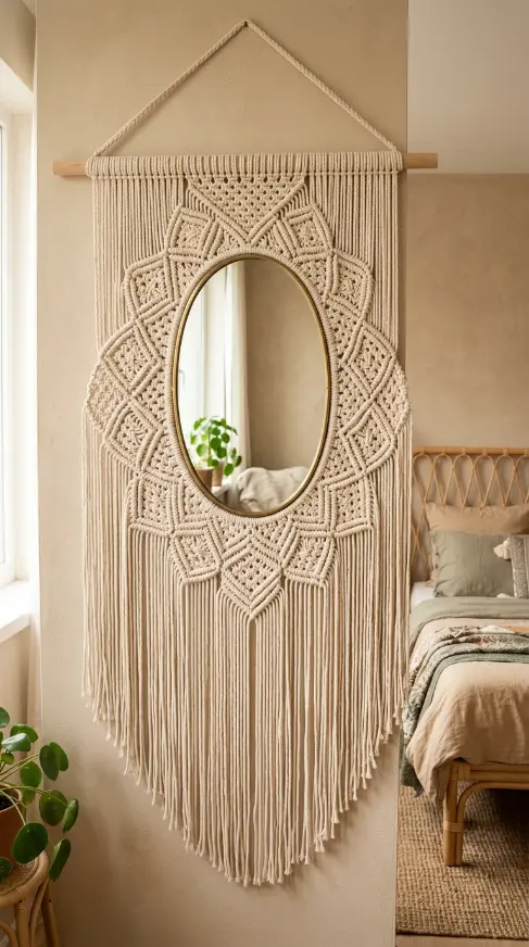 13 Decorated Mirror Boho Macrame DIY Bedroom Earthy Wall 7 7. Oval Mirror Set Into a Handwoven Macrame Frame Panel