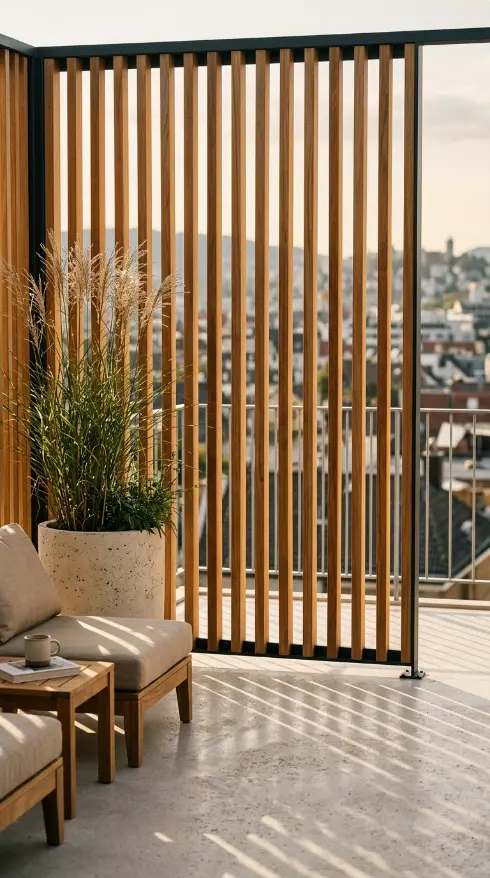 26 Minimal Outdoor Living Space Design for a Rooftop Terrace 7 7. Privacy Screening With Minimal Timber Battens
