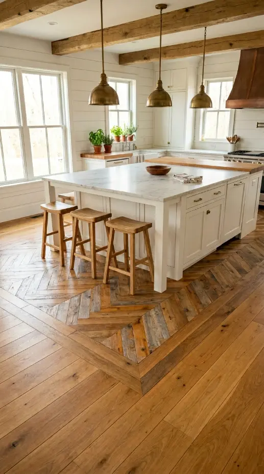 25 Kitchen Flooring Ideas for Farmhouse Herringbone Reclaimed 7 7. Reclaimed Herringbone in the Kitchen Island Zone Only