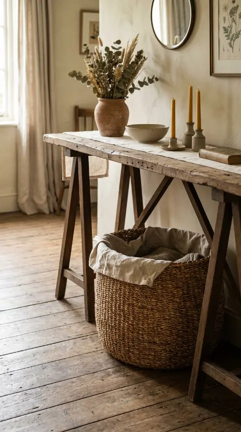 26 Console Table Styling Reclaimed Wood Rustic Farmhouse 7 7. Reclaimed Wood Console With a Woven Basket Below