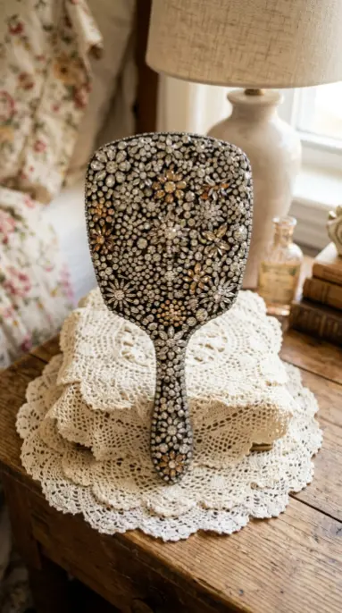 13 Bedazzled Mirror Vintage Jewelry DIY Eclectic Bedroom 7 7. Small Hand Mirror Layered in Vintage Rhinestone Brooches Only