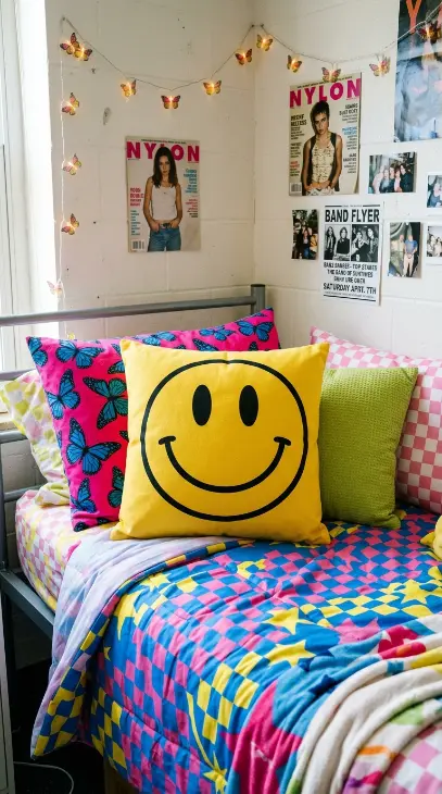 13 Dorm Bed Inspo Y2K Retro Colorful Bold Twin XL Style 7 7. Smiley Face Motif as a Playful Graphic Accent