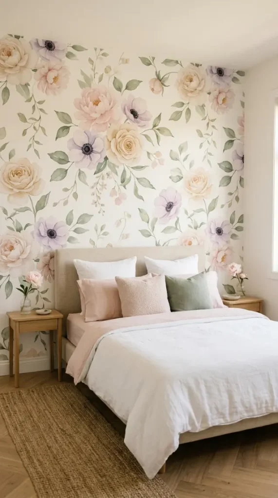 15 Vibrant Floral Wallpaper Accent Wall Room Decor 7 7. Soft Watercolour Floral Accent Wall in the Bedroom — Blush and Sage on White