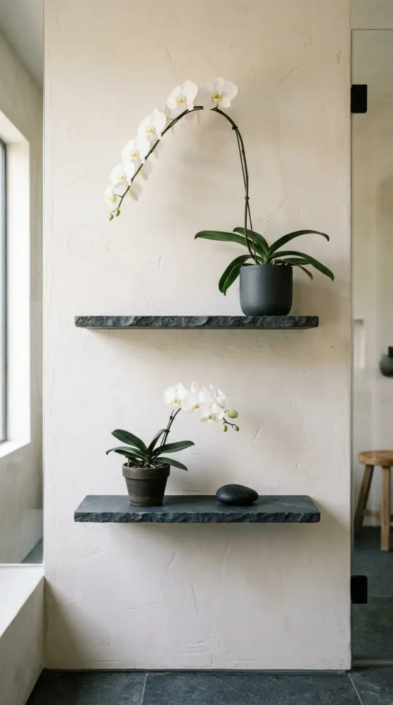 26 Bathroom Shelf Plants Decor Japandi Orchid Minimal 7 7. Stone Shelf with Orchid at Different Heights — Tiered Composition