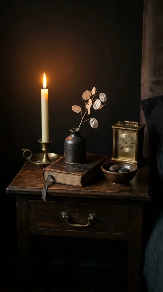 18 Vintage Bedroom Ideas Dark Brown Wood Moody Decor 7 7. Style the Bedside Table as a Dark Moody Vignette