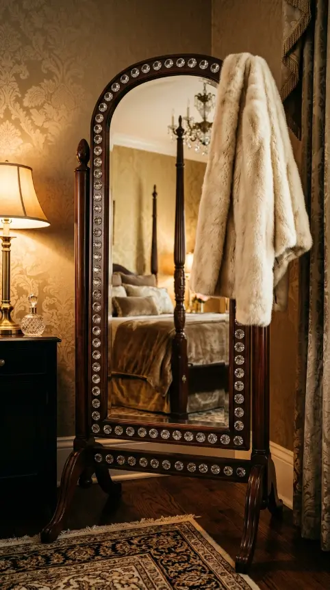 16 Bedazzled Mirror Vanity Crystal Old Hollywood Glam Decor 7 7. Tall Cheval Mirror With a Crystal Studded Wooden Frame