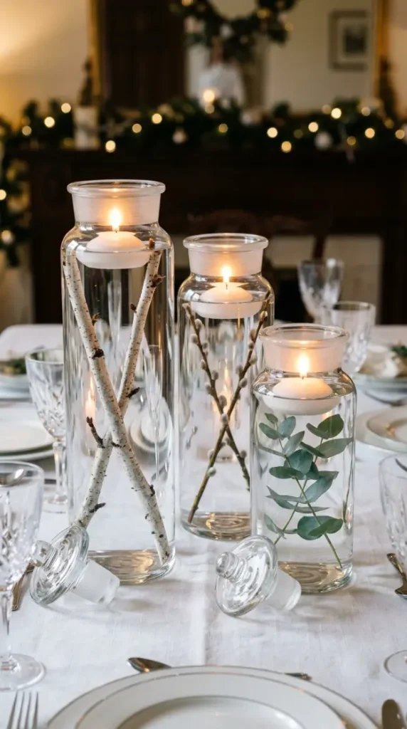 13 Festive Table Decorations Candles Floating Glass Ethereal 7 7. Tall Glass Apothecary Jars Filled With Water Branches and Floating Candles
