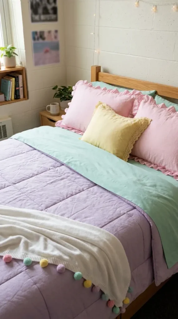 24 College Bedroom Ideas Pastel Girly Aesthetic Dreamy Style 7 7. The Layered Pastel Bedding with Ruffle and Lace Trim — Textile Softness Abundance