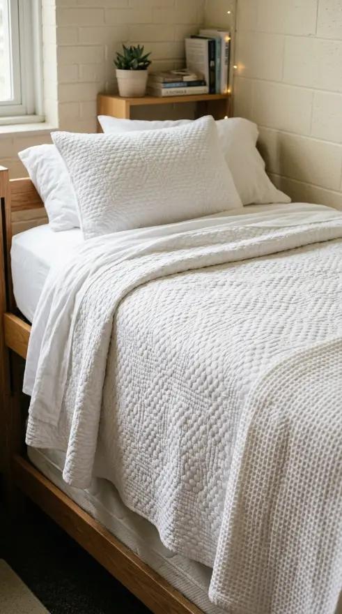 24 Dorm Bedding Ideas Clean White Minimal Luxe Hotel Style 7 7. The Matelassé Coverlet Alternative — Textured Lightweight Layer
