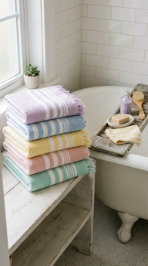 24 Small Bathroom Decor with Bathtub Caddies Vintage Pastel 7 7. The Pastel Striped Towel Stack — Soft Textile Color Layering