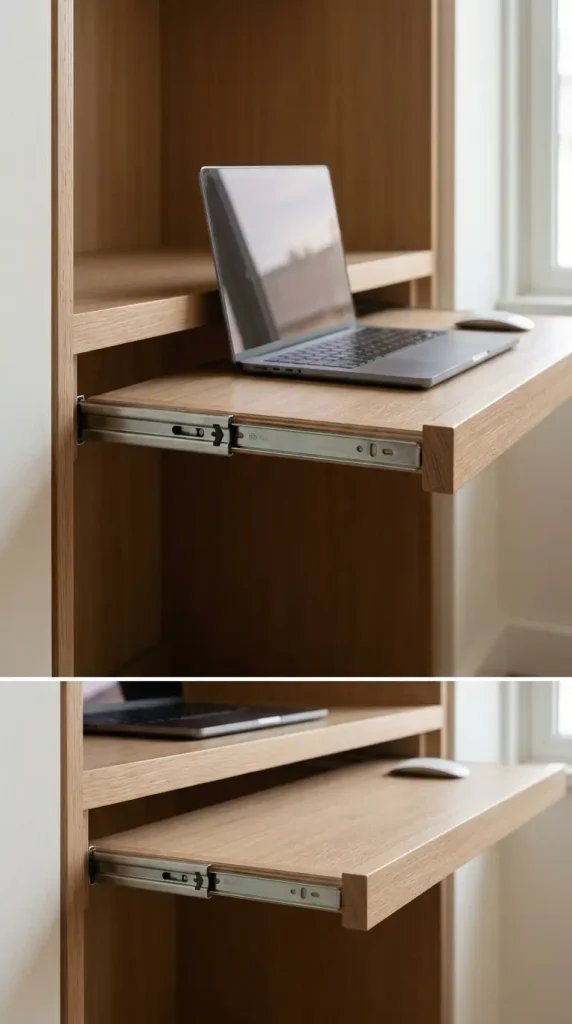 22 Home Office Inspiration Built-In Alcove Maximized 7 7. The Pull-Out Keyboard and Tray Mechanism — Depth-Maximizing Slide Hardware