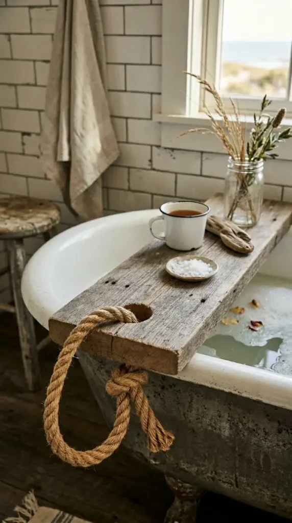 24 Rustic Bathtub Tray Ideas with Reclaimed Farmhouse Wood 7 7. The Reclaimed Wood with Rope Handle Detail — Nautical Farmhouse Crossover
