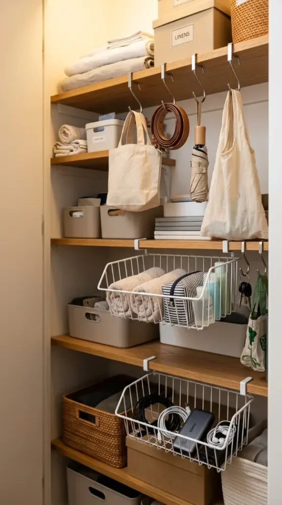 25 Small Storage Closet Organization Tiny Apartment Ideas 7 7. Under-Shelf Storage — Hooks and Hanging Baskets Underneath