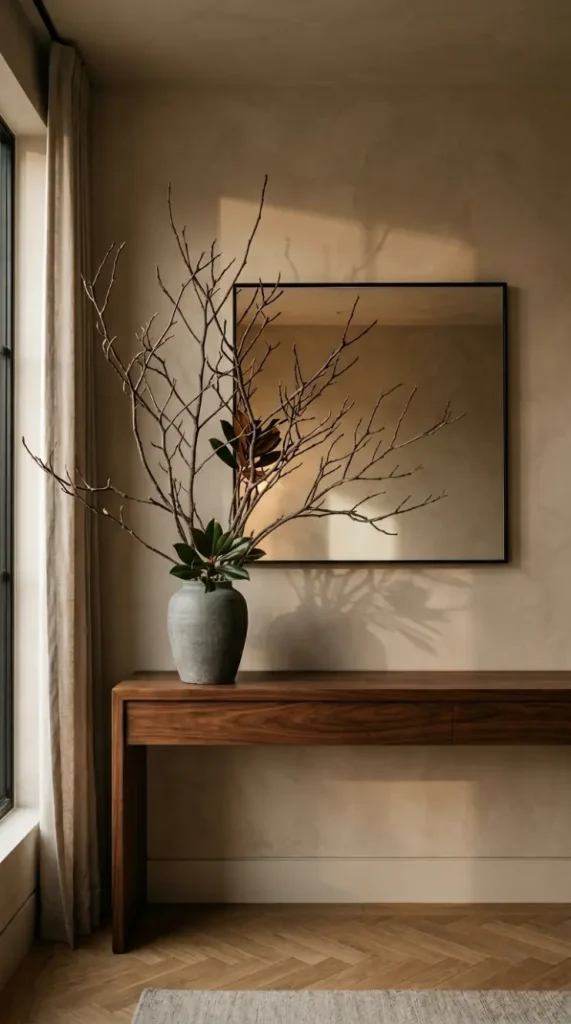17 Flower Aesthetic Home Decor Entryway Console Quiet Luxury 7 7. Walnut Console With a Tall Architectural Branch Arrangement