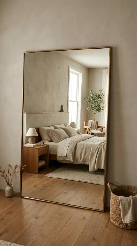 16 Minimalist Luxury Bedroom Quiet Luxury Linen Neutral Warm 7 7. Warm Toned Mirror Leaning Against a Plaster Wall