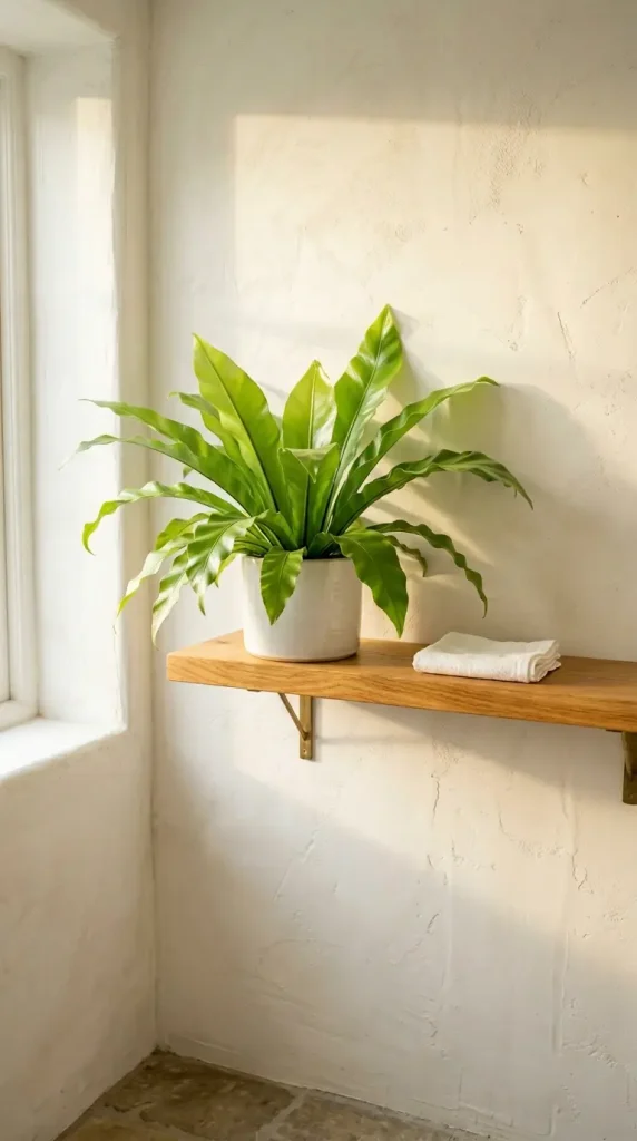 28 Minimal Bathroom Plants Decor Inspiration Oak White Style 7 7. White Washed Walls and Oak Shelf — Morning Light Plant Scene