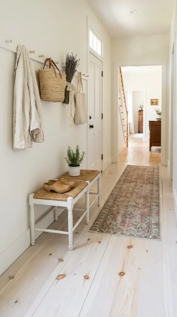 27 Light Wood Flooring for Farmhouse Whitewashed Pine Style 7 7. Whitewashed Pine Hallway — Entry Sequence