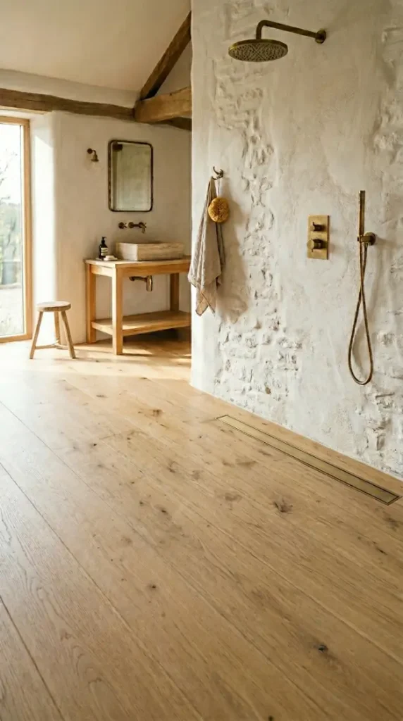26 Light Wood Flooring for Farmhouse Wire-Brushed Oak Bath 7 7. Wire-Brushed Oak Floor in a Wet Room With Linear Drain