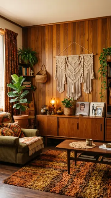 12 Vintage Home Decor Ideas 1970s Earthy Maximalist 7 7. Wood Panelling on One Wall for Warmth and