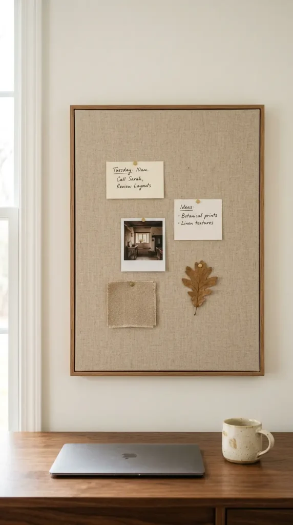 26 Cozy Home Office Warm Wood Linen Neutral Style Ideas 8 8. A Linen-Covered Pinboard Instead of a Plastic Corkboard