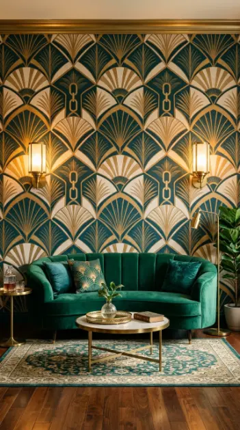 15 Vintage Home Decor Ideas Neo Deco Living Room Glamour 8 8. A Statement Wall of Art Deco Inspired Wallpaper