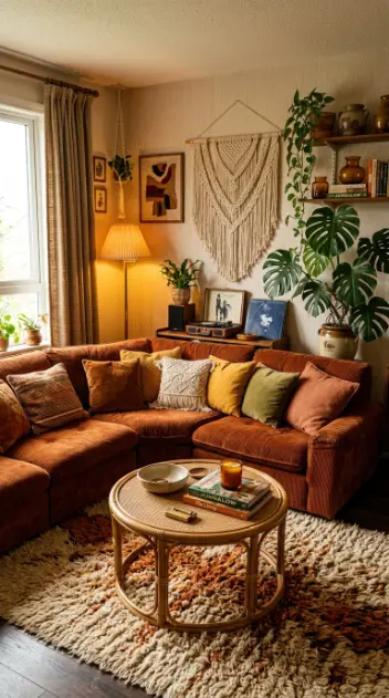 12 Vintage Home Decor Ideas 1970s Earthy Maximalist 8 8. A Velvet or Corduroy Sectional in Burnt Orange Avocado or Deep Brown