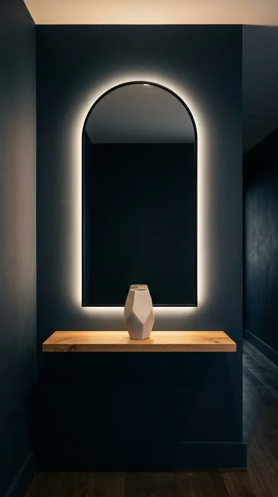 12 Hallway Mirror Ideas Arch LED Backlit Dark Luxury 8 8. Add a Narrow Timber Floating Shelf Below the Arch LED Mirror for Display