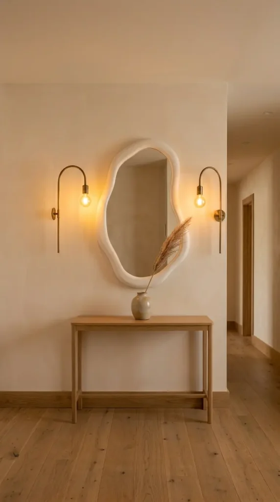 14 Hallway Mirror Ideas Organic Puddle Mirror Console 8 8. Add a Slim Arch Sconce to Each Side of the Organic Puddle Mirror