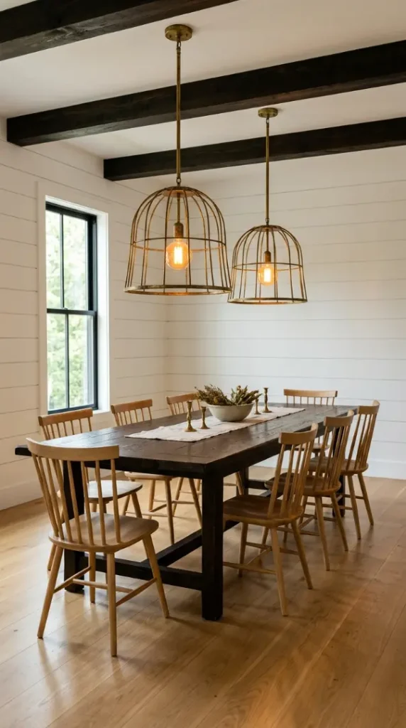 16 Modern Farmhouse Interior Design Seamless White Oak Floor 8 8. Aged Brass Pendant Lights Over a Farmhouse Dining Table