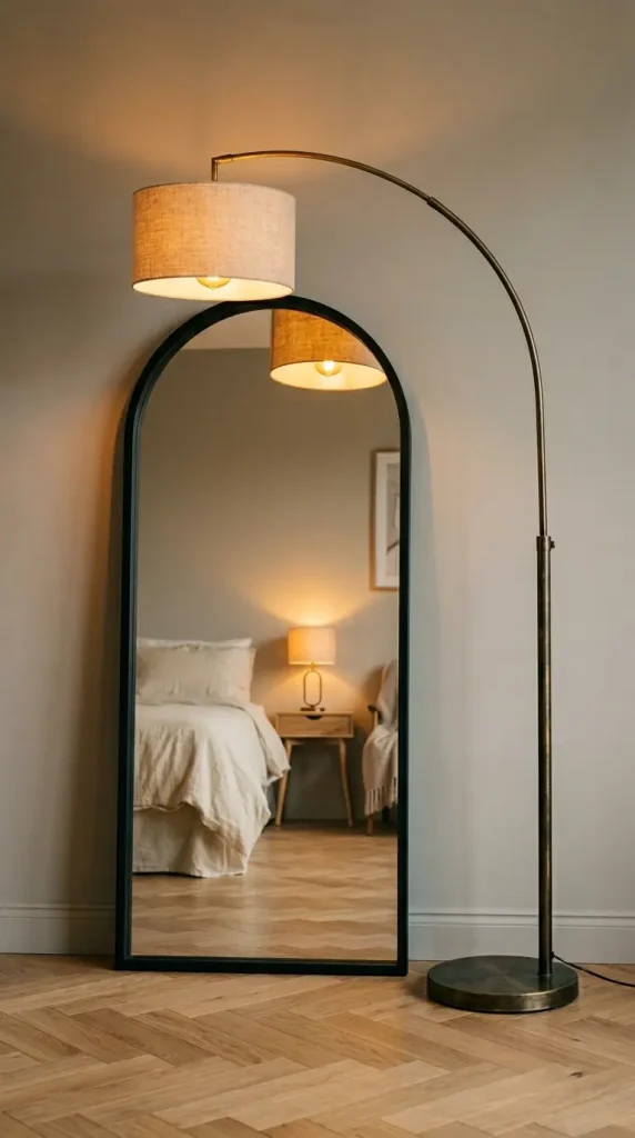 14 Big Mirror in Bedroom Leaning Arch Black Frame Greige 8 8. Arch Mirror With an Aged Brass Floor Lamp Beside It