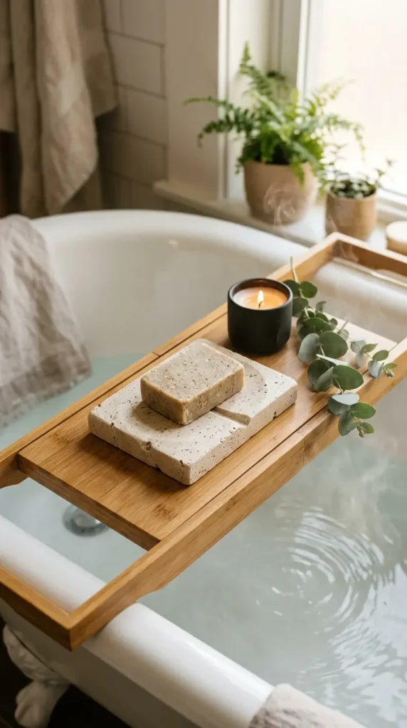 16 Rustic Bathtub Tray Ideas for a Spa Style Bamboo Tub 8 8. Bamboo Tray Paired With a Stone Soap Dish