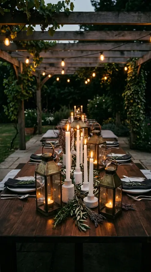 26 Outdoor Patio Ideas With a Cozy Pergola Dining Setup 8 8. Candles and Lanterns as the Pergola Dining Table Centerpiece