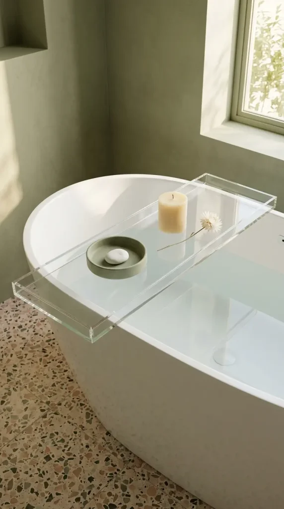 20 Bathtub Tray Clear Acrylic Modern Minimal Floating Look 8 8. Clear Acrylic Tray in a Terrazzo and Sage Bathroom