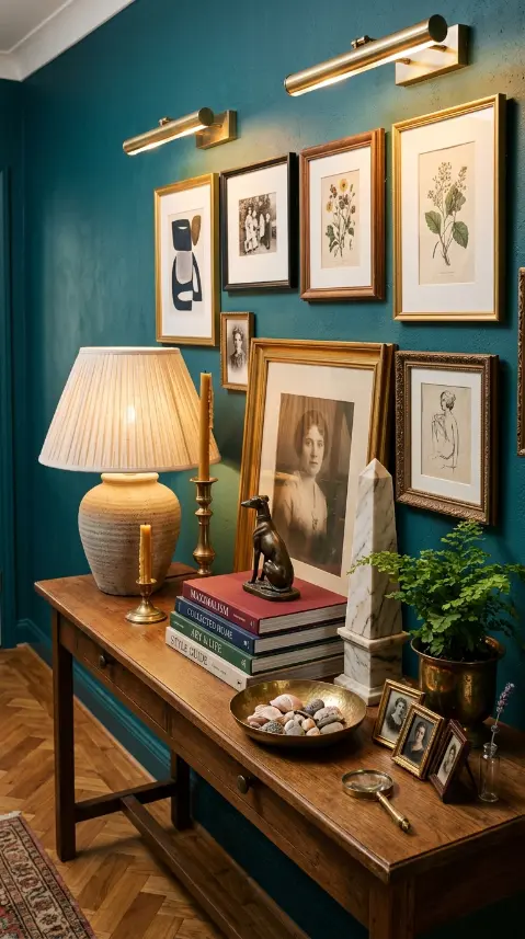 18 Console Table Decor Maximalist Gallery Wall Picture Lights 8 8. Console Styled with Collected Objects — The Curated Surface