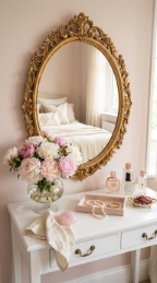 17 Bedroom Aesthetic Romantic Soft Luxe Peony Silk Style 8 8. Create a Floral Dressing Table Moment With a Gilded Mirror