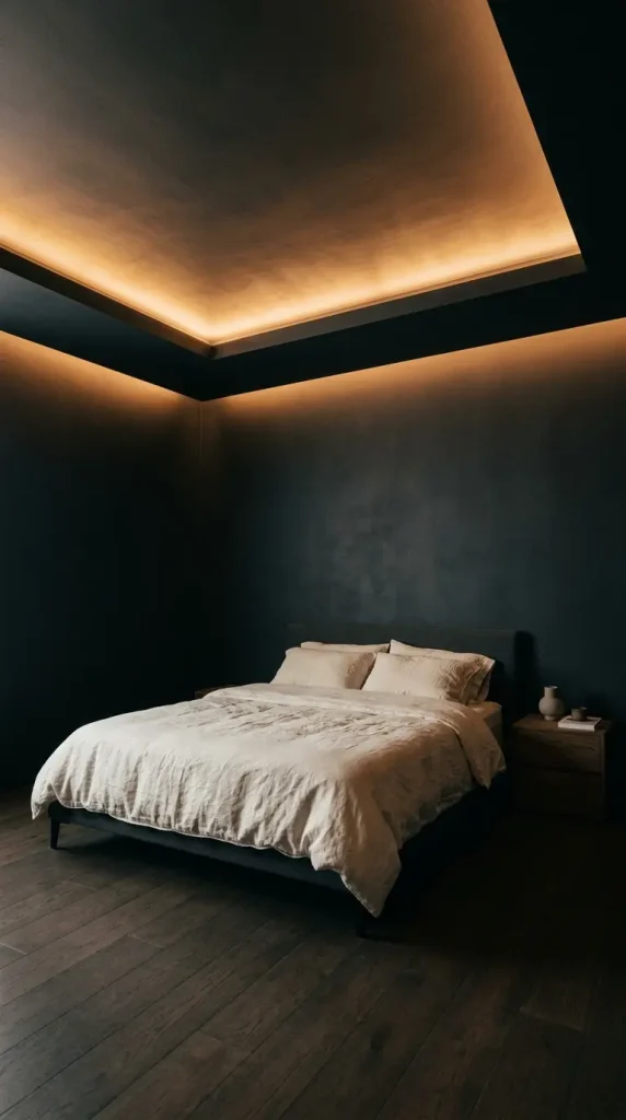 13 Minimalist Luxury Bedroom Dark Moody Charcoal Dramatic Calm 8 8. Dark Bedroom With Low Indirect Cove Lighting Only